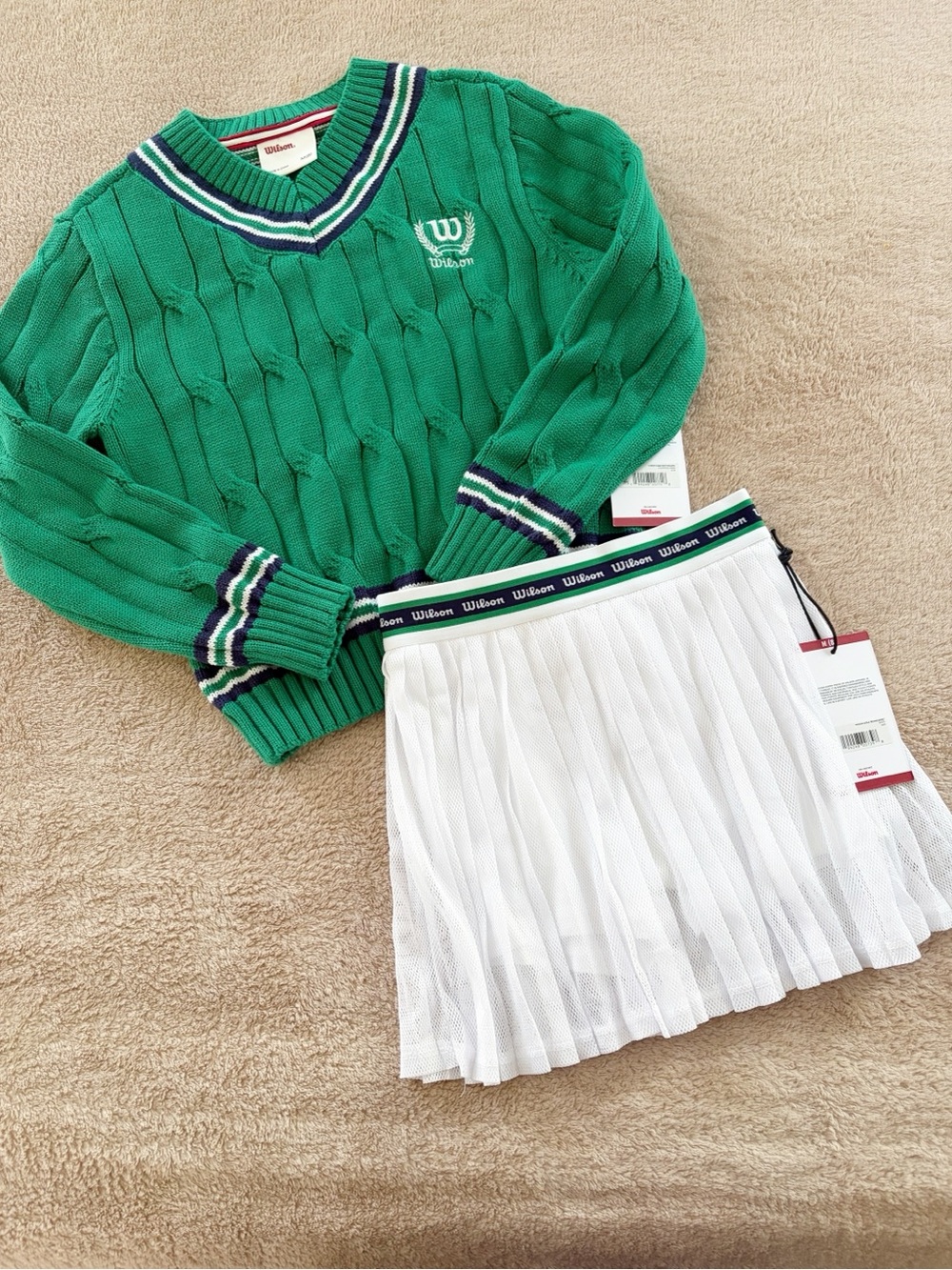 Wilson Green V-Neck Cable Knit Sweater with White Pleated Tennis Skirt 8